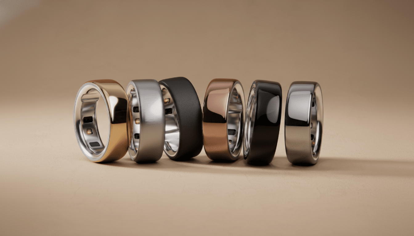 A row of six smart rings in various metallic and matte finishes, including gold, silver, rose gold, and black, displayed on a neutral background.