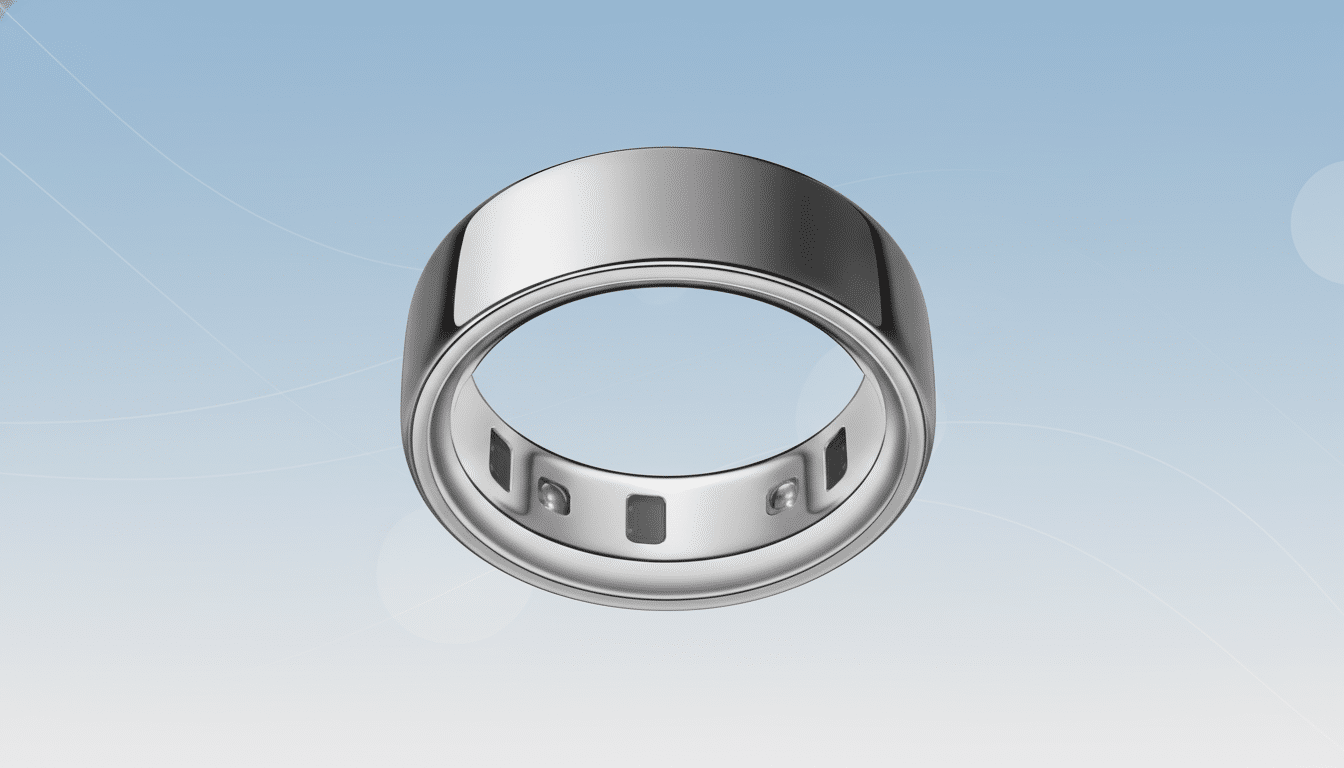 A silver smart ring with internal sensors, presented on a professional light blue gradient background with subtle white lines and circles.