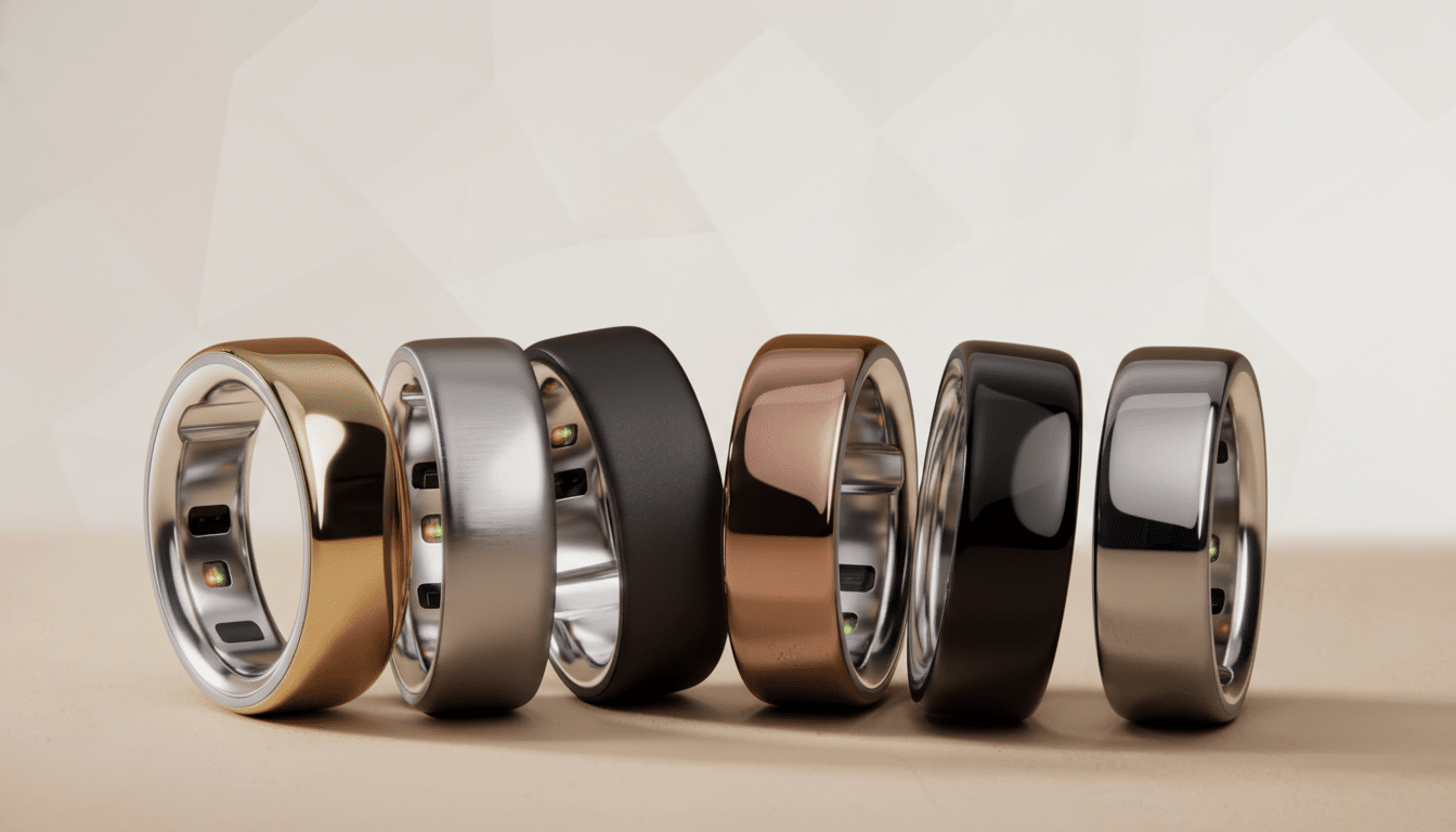 A row of six smart rings in various metallic finishes, including gold, silver, black, and rose gold, presented on a light brown surface with a subtle geometric patterned background.
