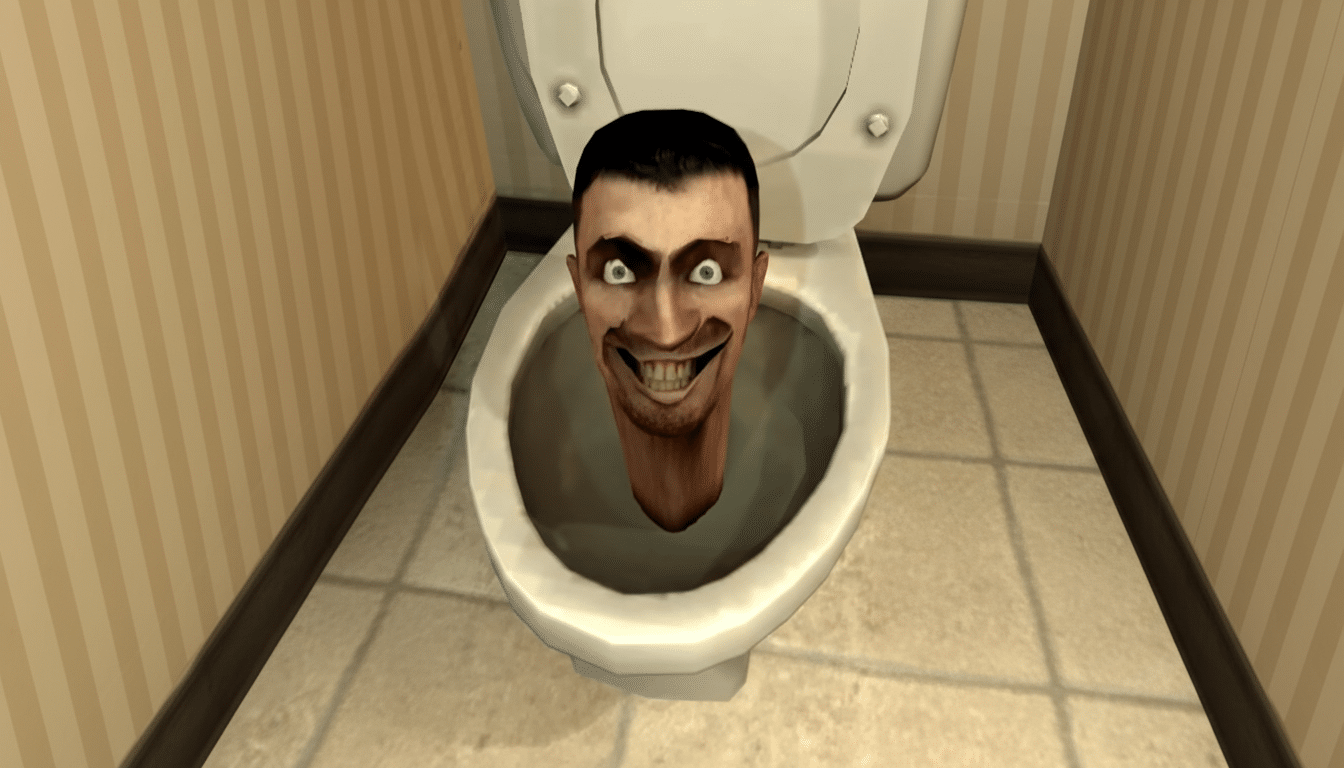 A creepy, smiling face with wide eyes emerging from a toilet bowl.