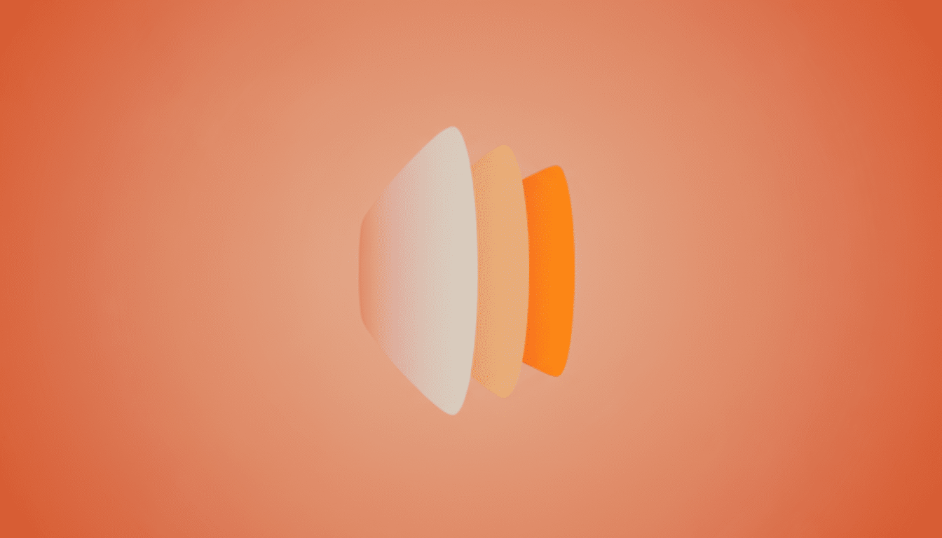 A 16:9 aspect ratio image featuring a logo with three curved, overlapping shapes in shades of cream, light orange, and orange, set against a professional flat design background with a soft orange gradient.