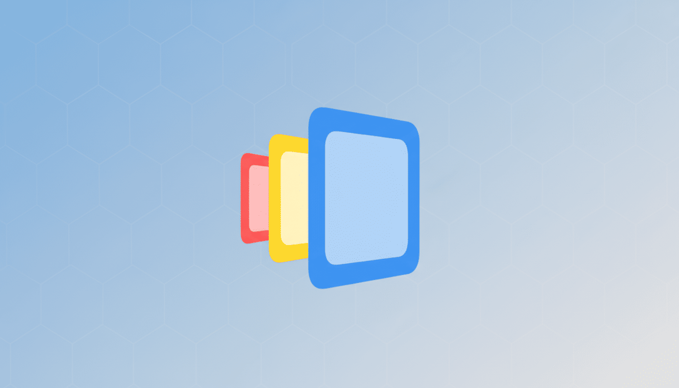 A professional 16:9 aspect ratio image featuring a blue, yellow, and red layered square icon on a light blue background with a subtle hexagonal pattern.