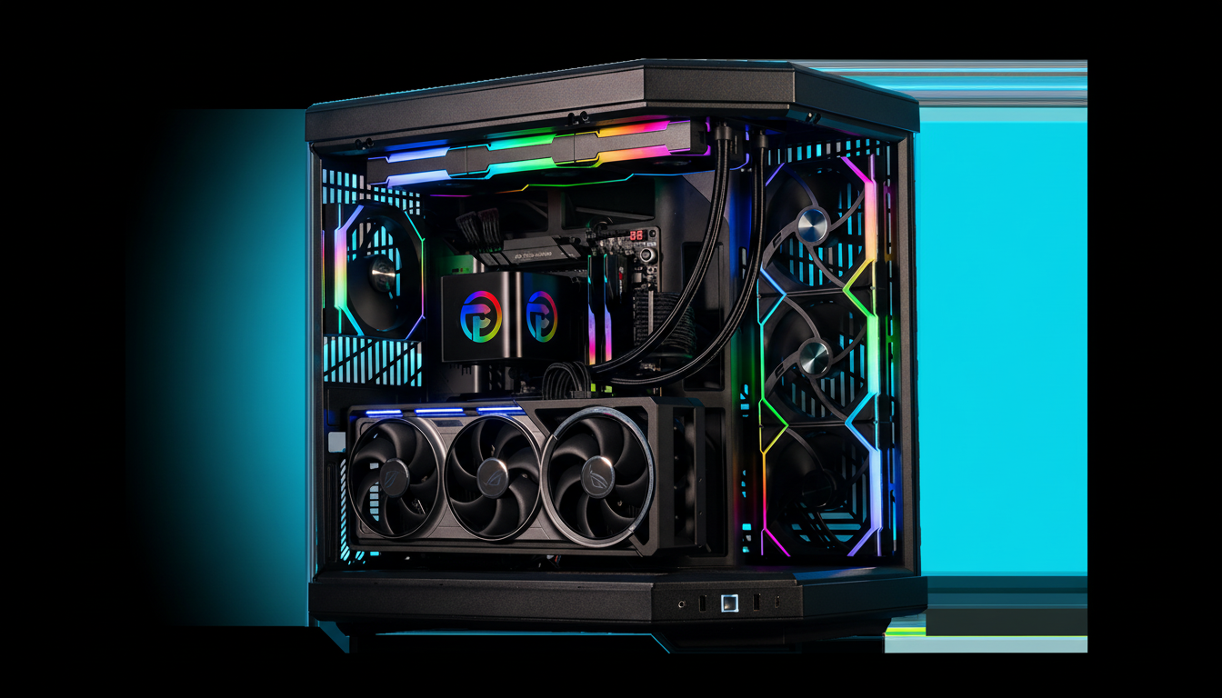 A professionally enhanced image of a high-performance gaming PC build, showcasing its internal components with vibrant RGB lighting, resized to a 16:9 aspect ratio.
