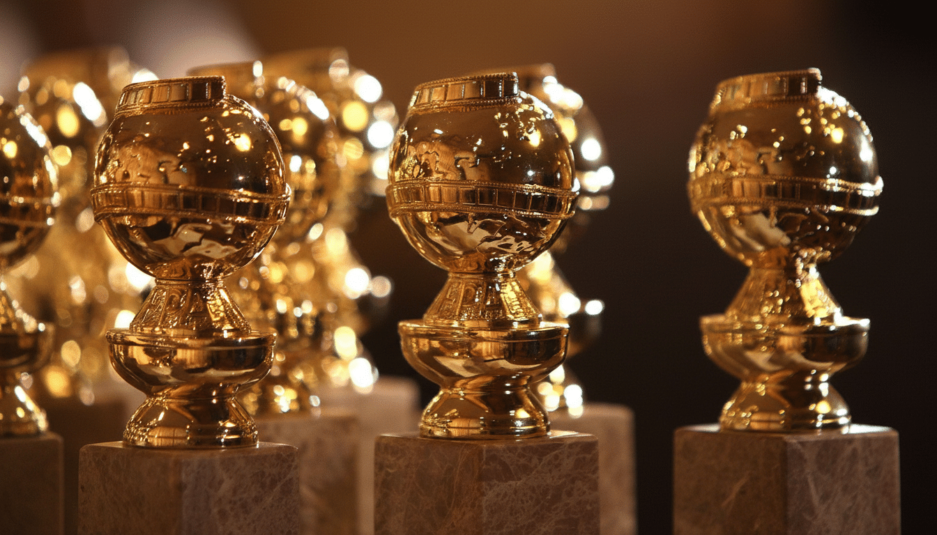 A row of Golden Globe awards, shimmering gold, on marble bases with a blurred background of more awards.