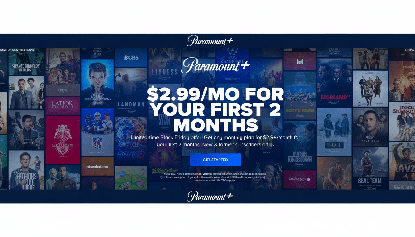 Paramount+ advertisement with a Black Friday offer of $2.99/month for the first two months, displayed over a collage of show and movie titles.