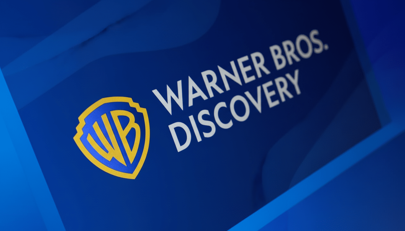 The Warner Bros. Discovery logo and text on a blue background, resized to a 16:9 aspect ratio with a subtle gradient and soft patterns in the background.
