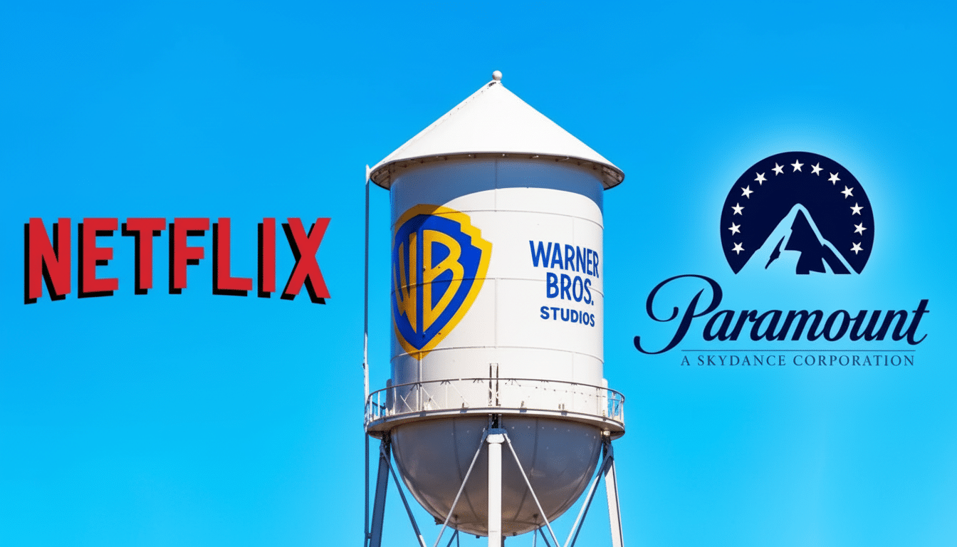 A 16:9 aspect ratio image featuring the Netflix logo, the Warner Bros. Studios water tower, and the Paramount Pictures logo against a clear blue sky.
