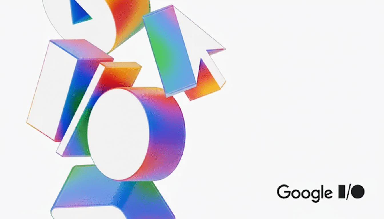 A 16:9 aspect ratio image featuring colorful, abstract 3D shapes with a gradient of hues, set against a clean white background. The Google I/O logo is in the bottom right corner.