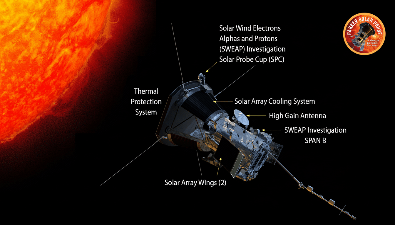 A diagram of the Parker Solar Probe with labels pointing to its various components, set against a black background with a fiery orange sun on the left.