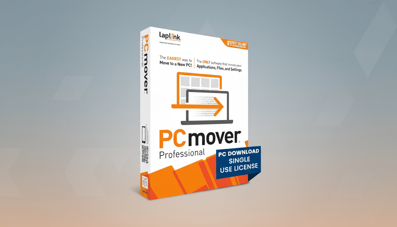 A 16:9 aspect ratio image of the PCmover Professional software box, featuring a white and orange design with text highlighting its features and a PC DOWNLOAD SINGLE USE LICENSE sticker. The background is a professional flat design with soft gradients.
