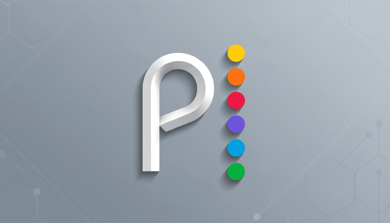 A 16:9 aspect ratio image featuring a white, three-dimensional letter P with a Mobius strip-like twist, positioned slightly to the left of the center. To the right of the P is a vertical column of six colored circles: yellow, orange, red, purple, blue, and green. The background is a professional flat design with a soft gray gradient and subtle hexagonal patterns.