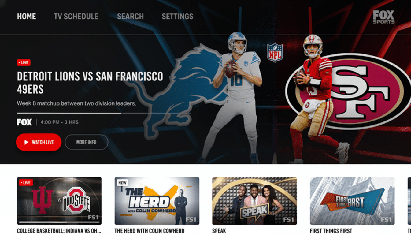 A screenshot of the Fox Sports app interface, showing a live NFL game between the Detroit Lions and San Francisco 49ers as the main feature, with other sports content thumbnails below.