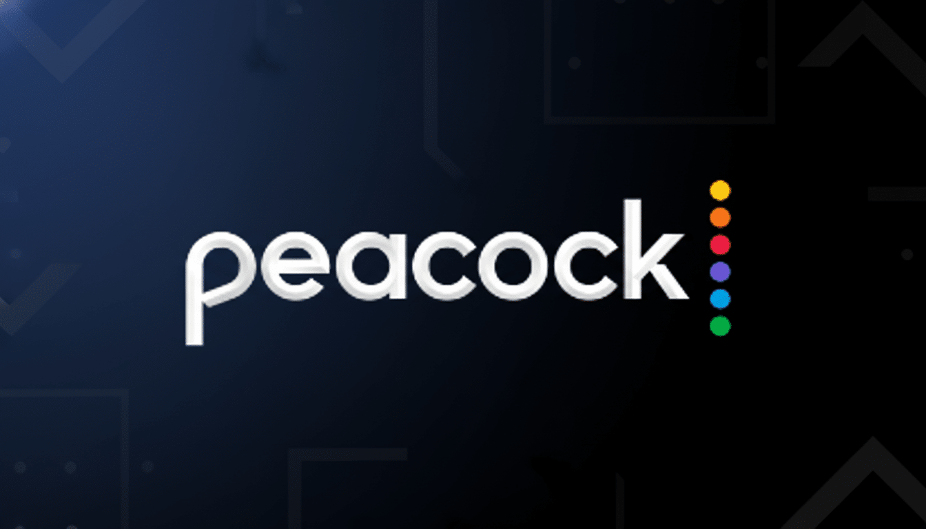 The Peacock logo, featuring the word peacock in white lowercase letters with a vertical line of six colored dots (yellow, orange, red, pink, purple, green) to the right, set against a dark blue background with subtle geometric patterns.