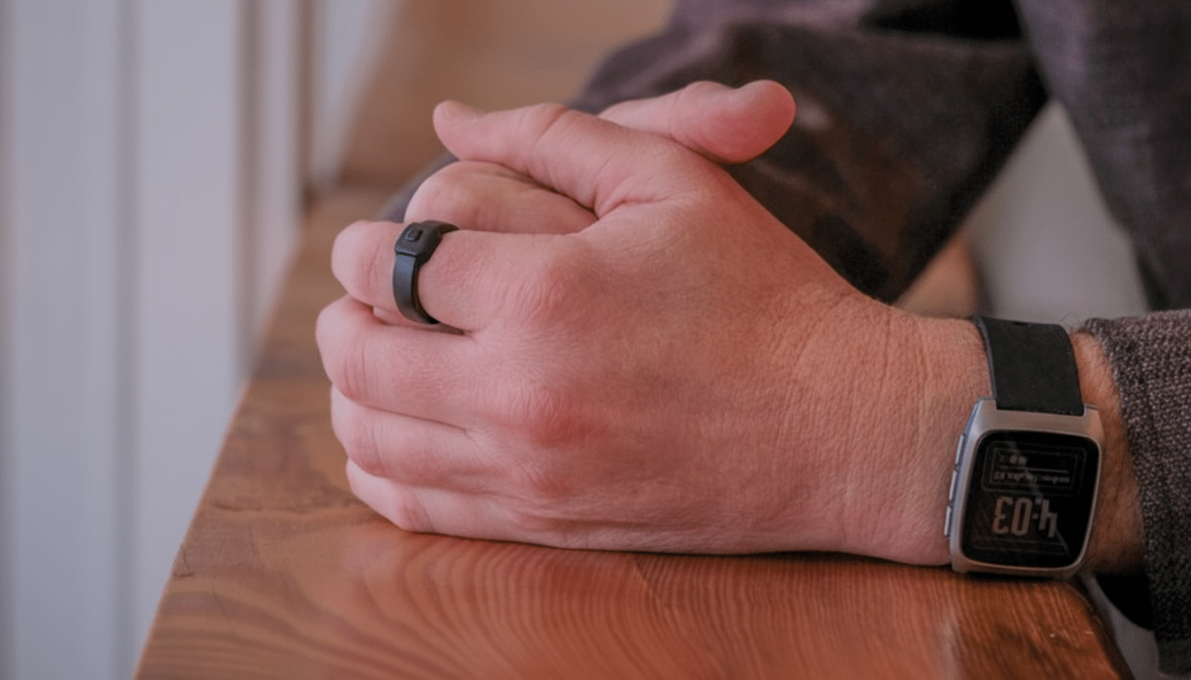 A persons hands resting on a wooden surface, wearing a black smart ring and a smartwatch.
