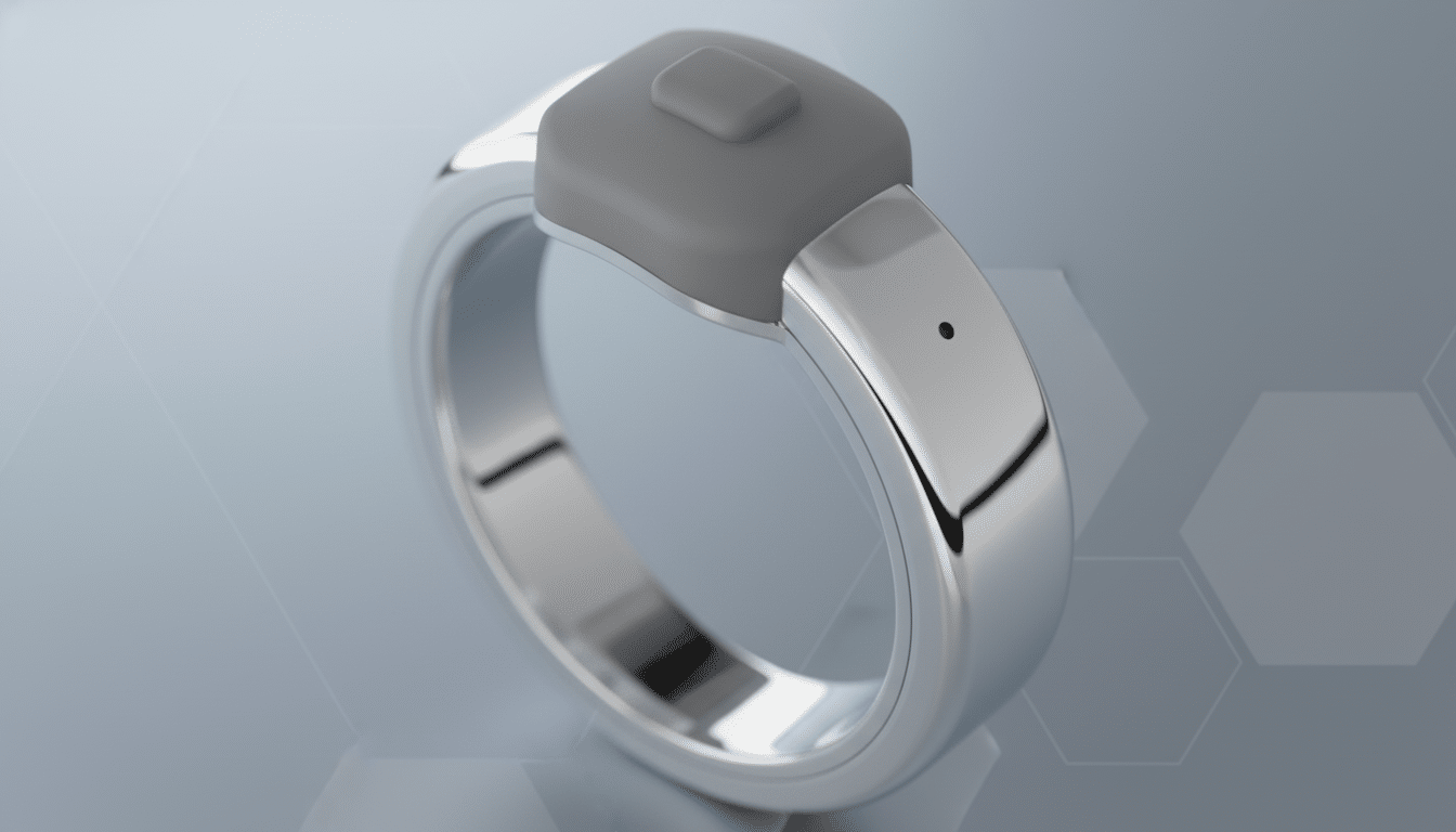 A sleek, silver smart ring with a gray square sensor on top, presented on a professional light gray background with subtle hexagonal patterns.