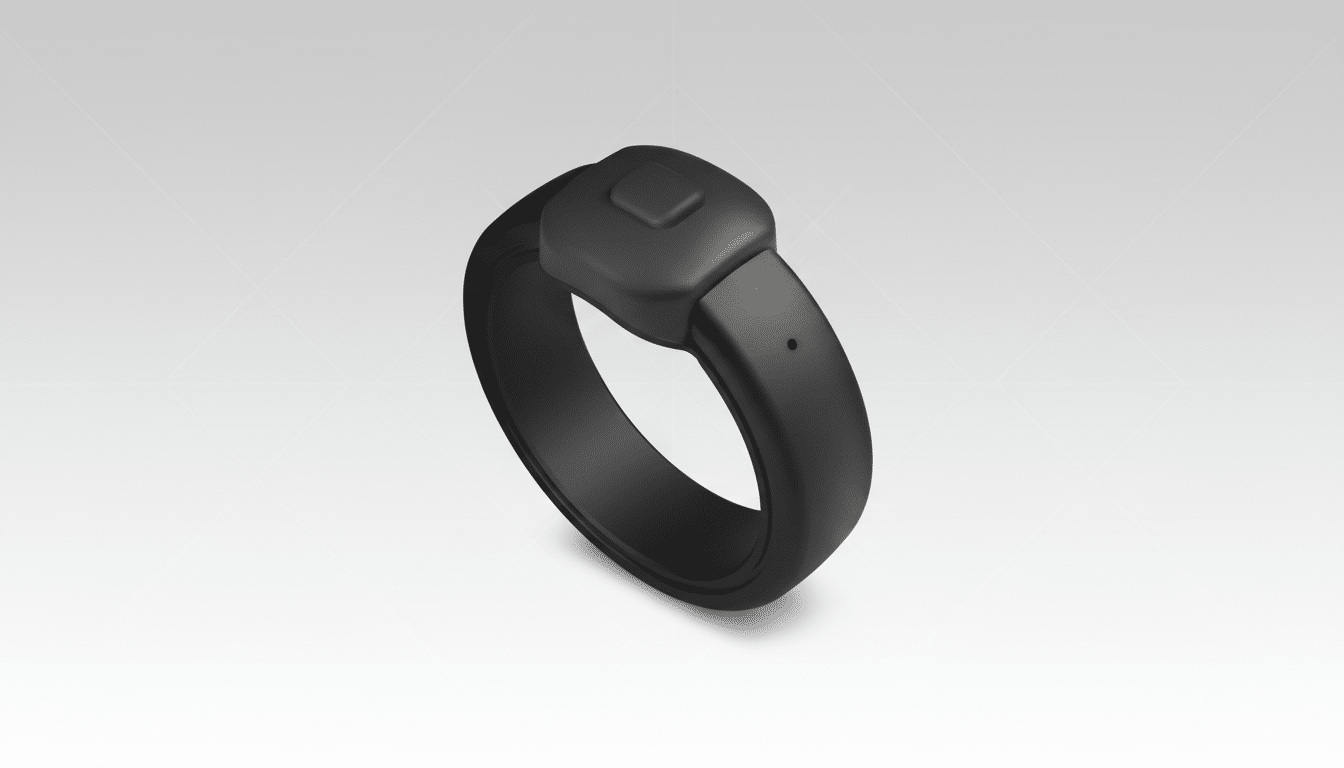 A black smart ring with a square button on top, presented on a professional flat design background with soft patterns and gradients.