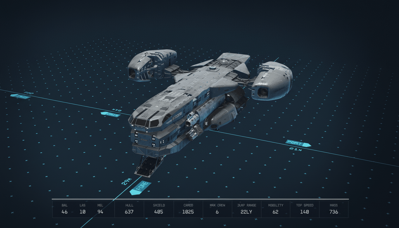A professional, enhanced image of a gray spaceship with detailed statistics displayed below it, set against a dark blue grid background.