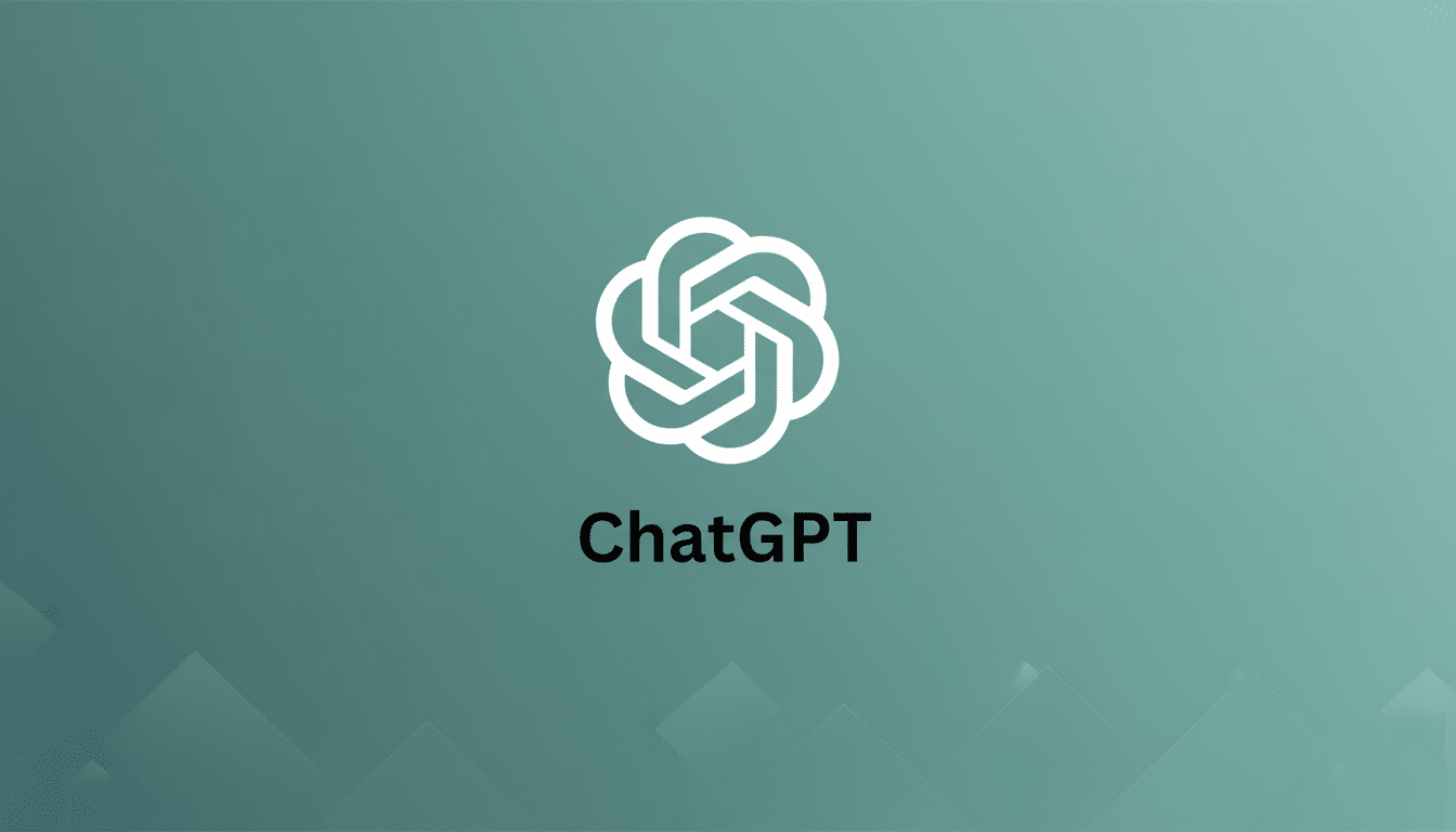 The ChatGPT logo, a white abstract knot-like design, centered above the text ChatGPT in black, all set against a professional flat design background with soft teal and grey gradients and subtle geometric patterns.