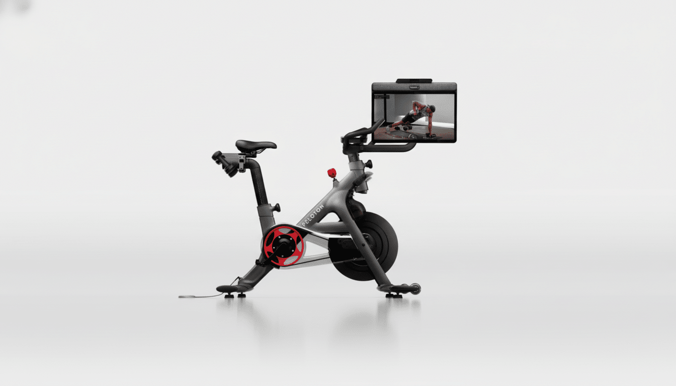 A Peloton exercise bike with a screen displaying a workout, set against a clean, professional white background.