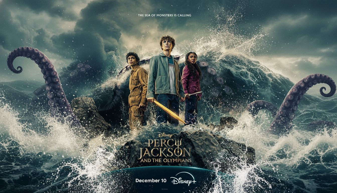A promotional image for Percy Jackson and the Olympians featuring three young characters standing on a rocky outcrop amidst crashing waves, with large tentacles visible in the background. The title and release date are at the bottom.