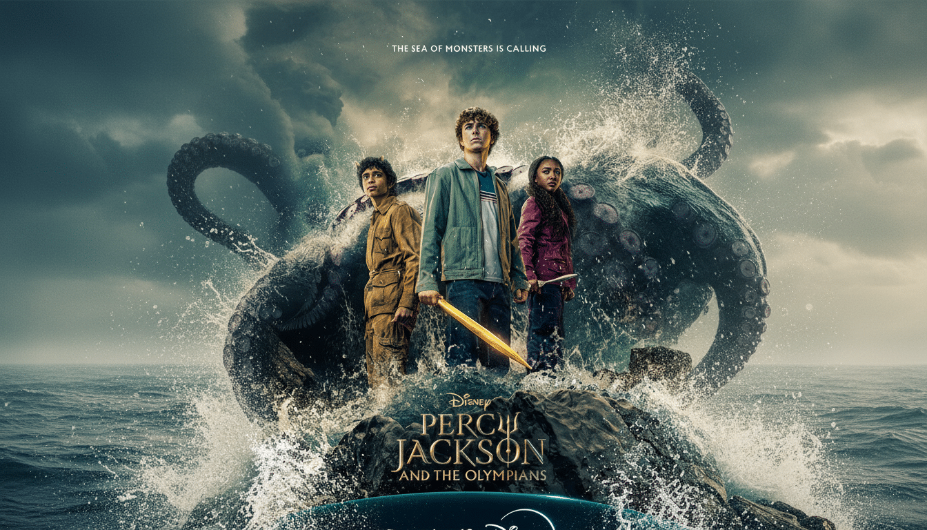 A promotional image for Percy Jackson and the Olympians, featuring three young characters standing on a rocky outcrop amidst crashing waves, with a large sea monster visible in the background.