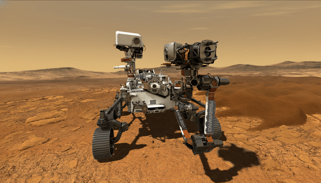 The Perseverance Mars rover on the Martian surface, with a 16:9 aspect ratio.