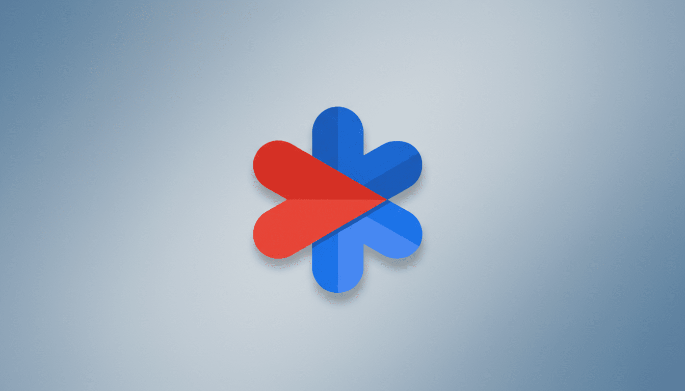 A red and blue abstract logo resembling a stylized asterisk or flower, centered on a professional flat design background with a soft gray gradient.