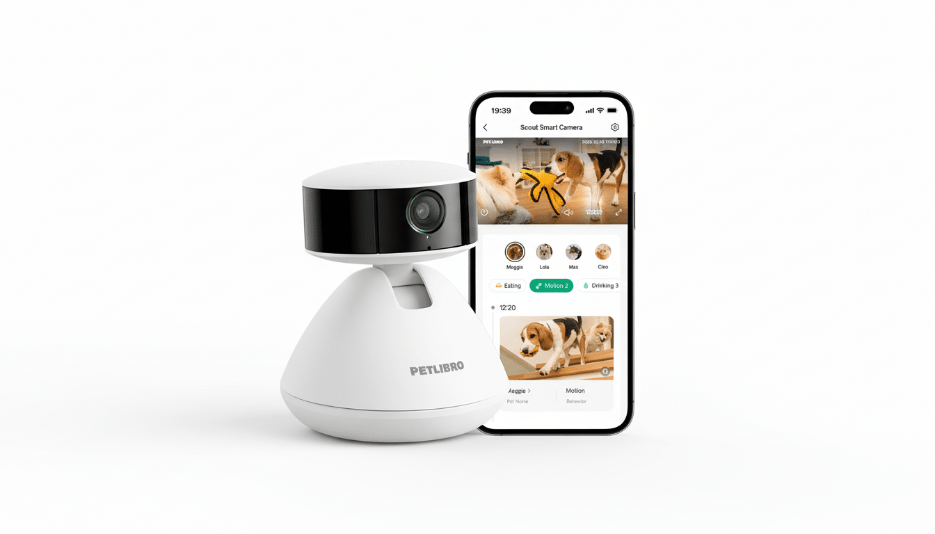 A white Petlibro Scout Smart Camera next to a smartphone displaying the cameras app interface, showing live footage and recorded events of dogs.
