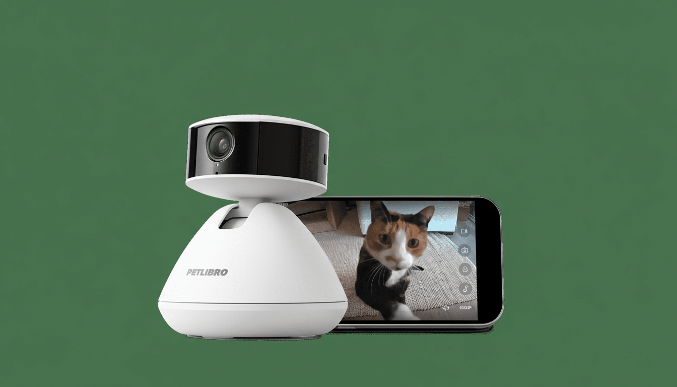 A white and black Petlibro pet camera with a smartphone displaying a live feed of a calico cat.