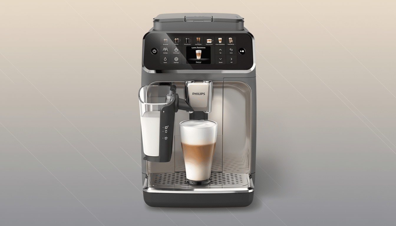 A Philips espresso machine with a glass of latte macchiato, set against a professional flat design background with soft gradients.