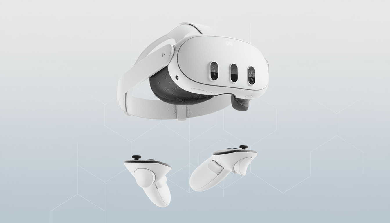 A white virtual reality headset with three front-facing cameras and two white controllers with black joysticks, presented on a professional light gray background with subtle geometric patterns.