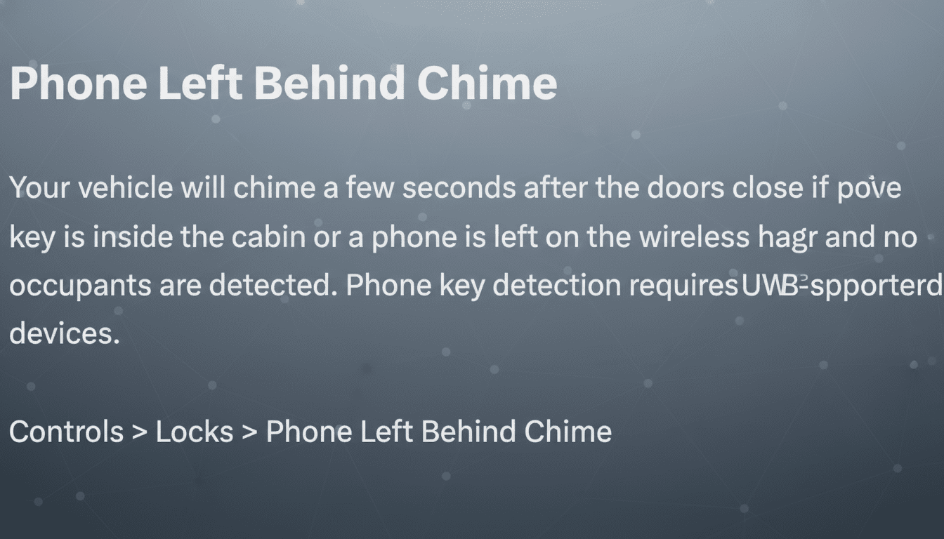 A screenshot of a Phone Left Behind Chime feature description, resized to a 16:9 aspect ratio with a professional flat design background featuring soft patterns.