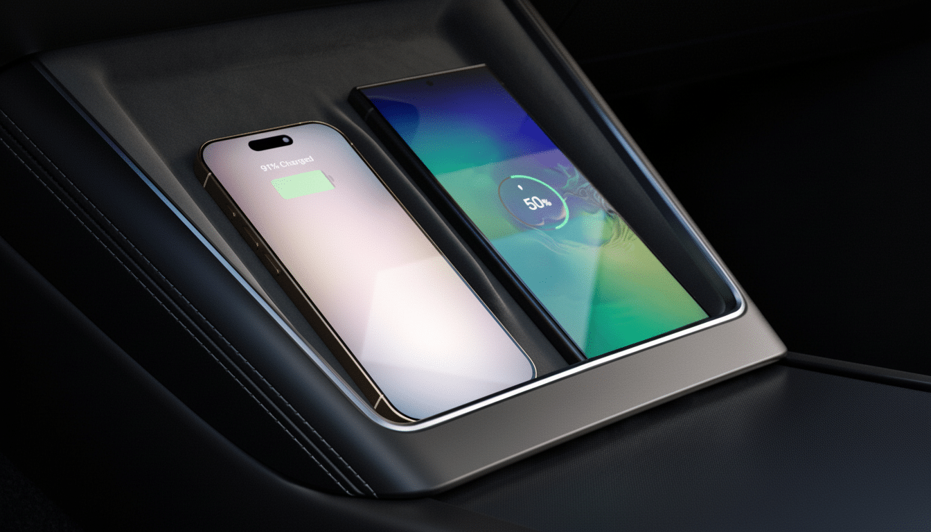 Two smartphones, an iPhone and a Samsung, wirelessly charging in a cars center console.