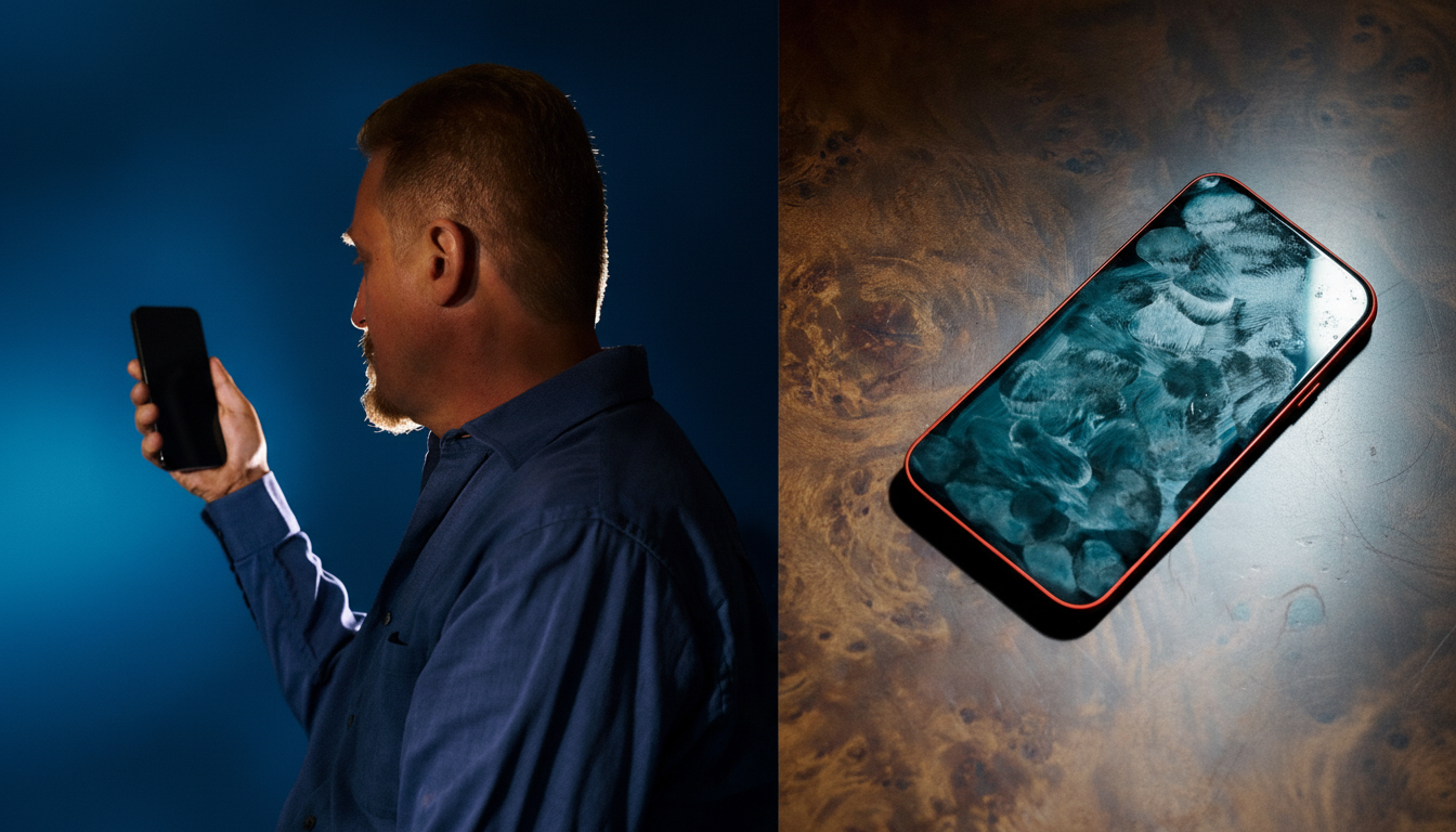 A man in a blue shirt holding a smartphone, with a second smartphone showing fingerprints on a wooden surface.