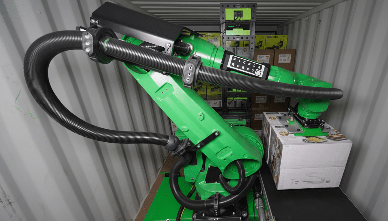 A green robotic arm, labeled PICKLE ROBOT, is shown inside a shipping container, positioned next to a white box on a conveyor belt.