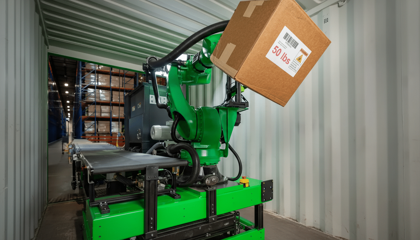 A green robotic arm holding a 50 lbs cardboard box inside a shipping container, with a warehouse visible in the background.