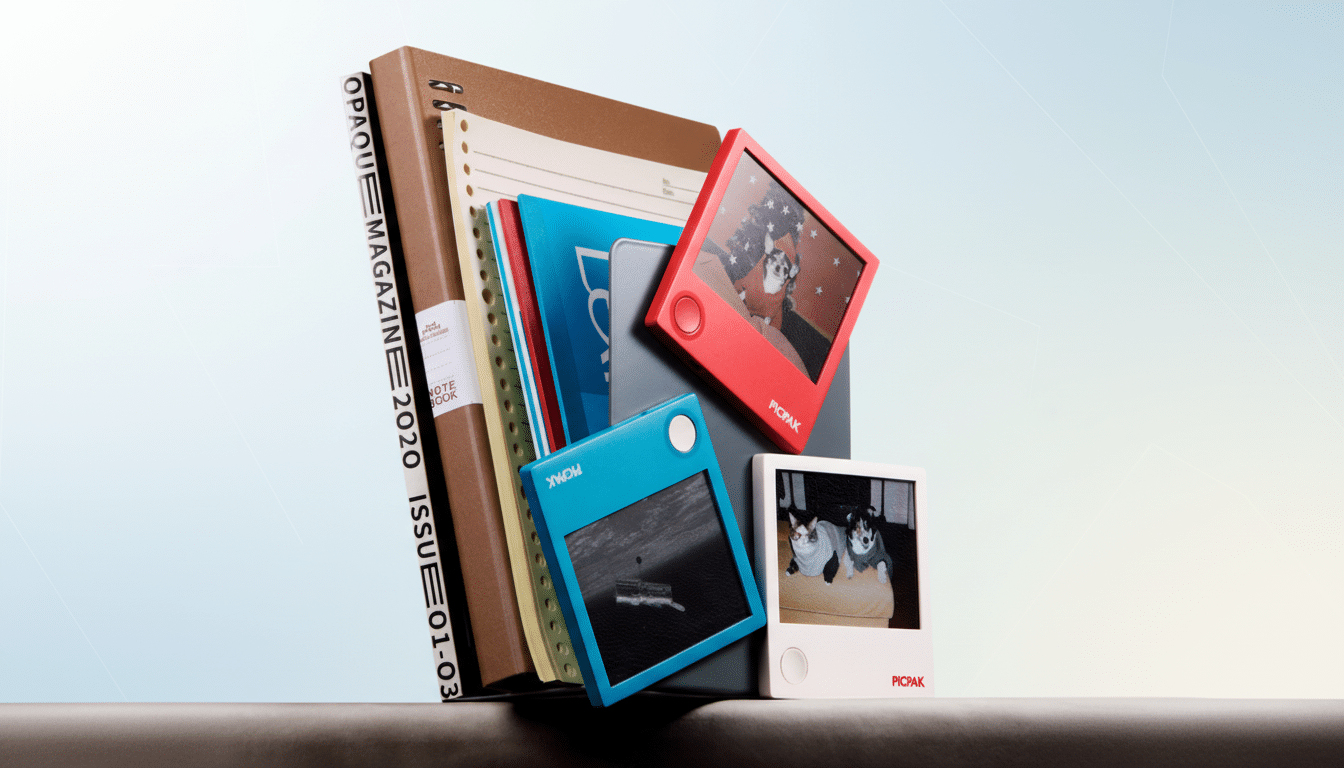 A collection of notebooks and three Picpak digital photo frames in red, blue, and white, displaying various images, set against a professional flat design background with soft gradients.