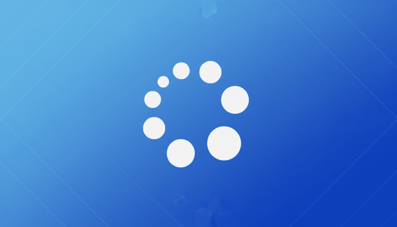A white circular loading icon composed of eight dots of varying sizes, arranged in a spiral, centered on a professional blue background with subtle geometric patterns and a gradient.