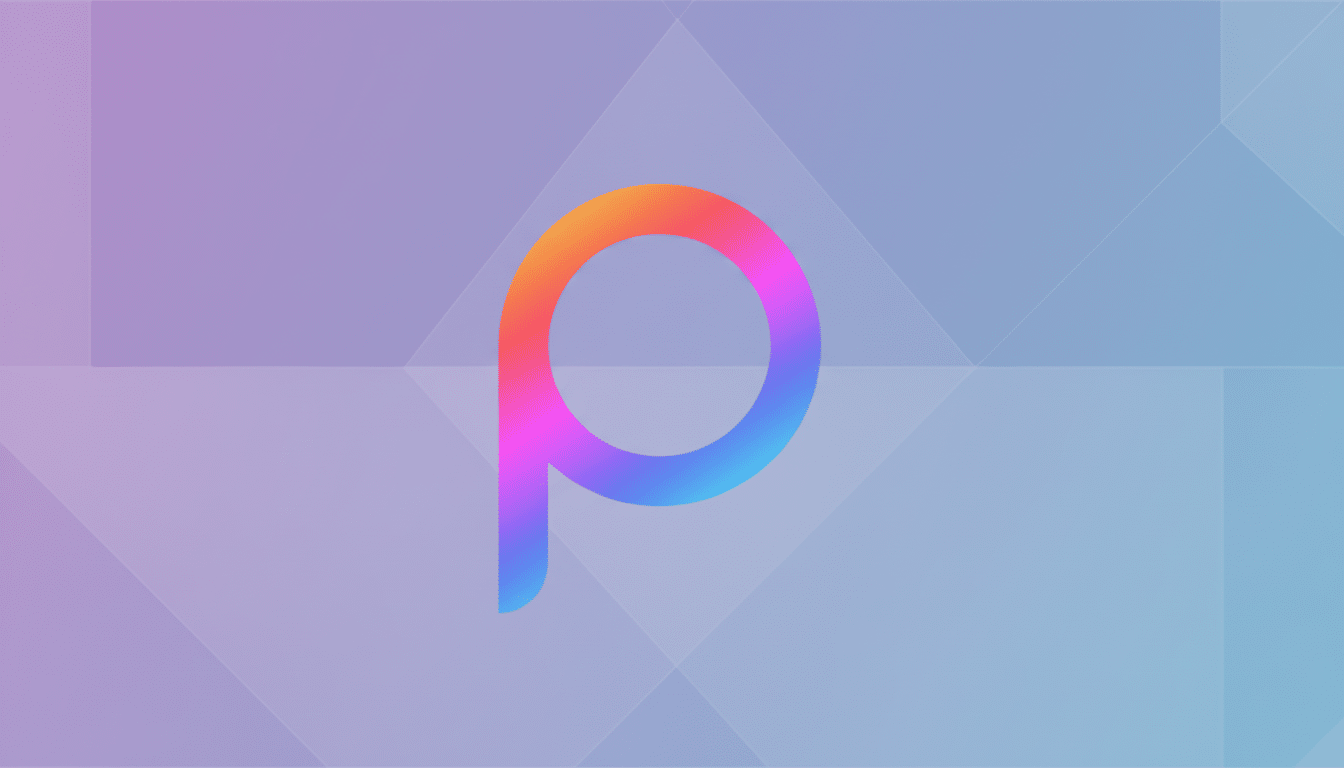 A vibrant, gradient-colored letter p logo centered on a professional flat design background with soft geometric patterns in shades of purple and blue.
