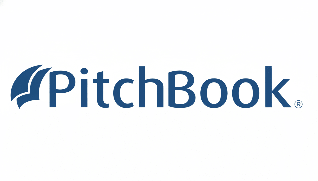 The PitchBook logo, featuring the word PitchBook in dark blue with a stylized blue icon resembling pages or sails to the left, set against a clean white background.