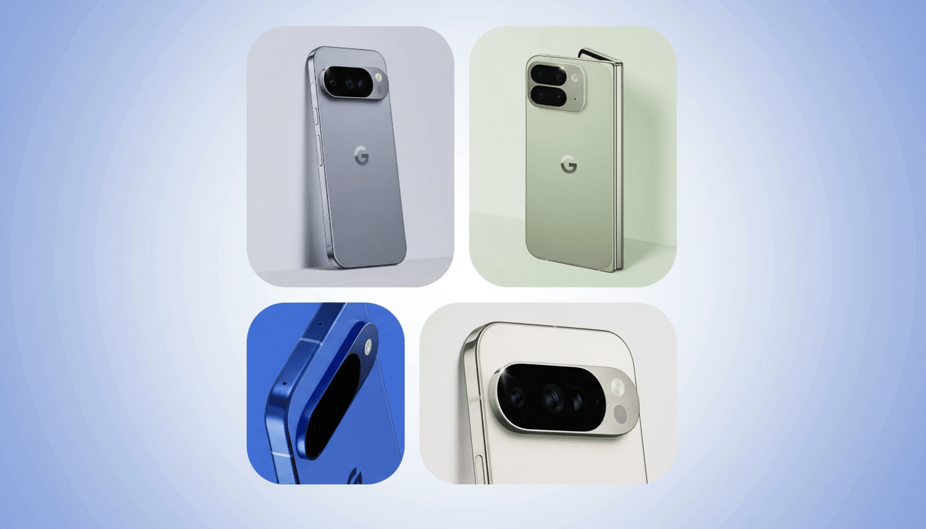 A 16:9 aspect ratio image featuring four close-up shots of Google Pixel phones. The top left shows a silver Pixel phone leaning against a light gray wall. The top right displays a green foldable Pixel phone. The bottom left is a close-up of the blue Pixel phones camera and side. The bottom right is a close-up of the silver Pixel phones camera bar. The background is a professional flat design with soft blue gradients.