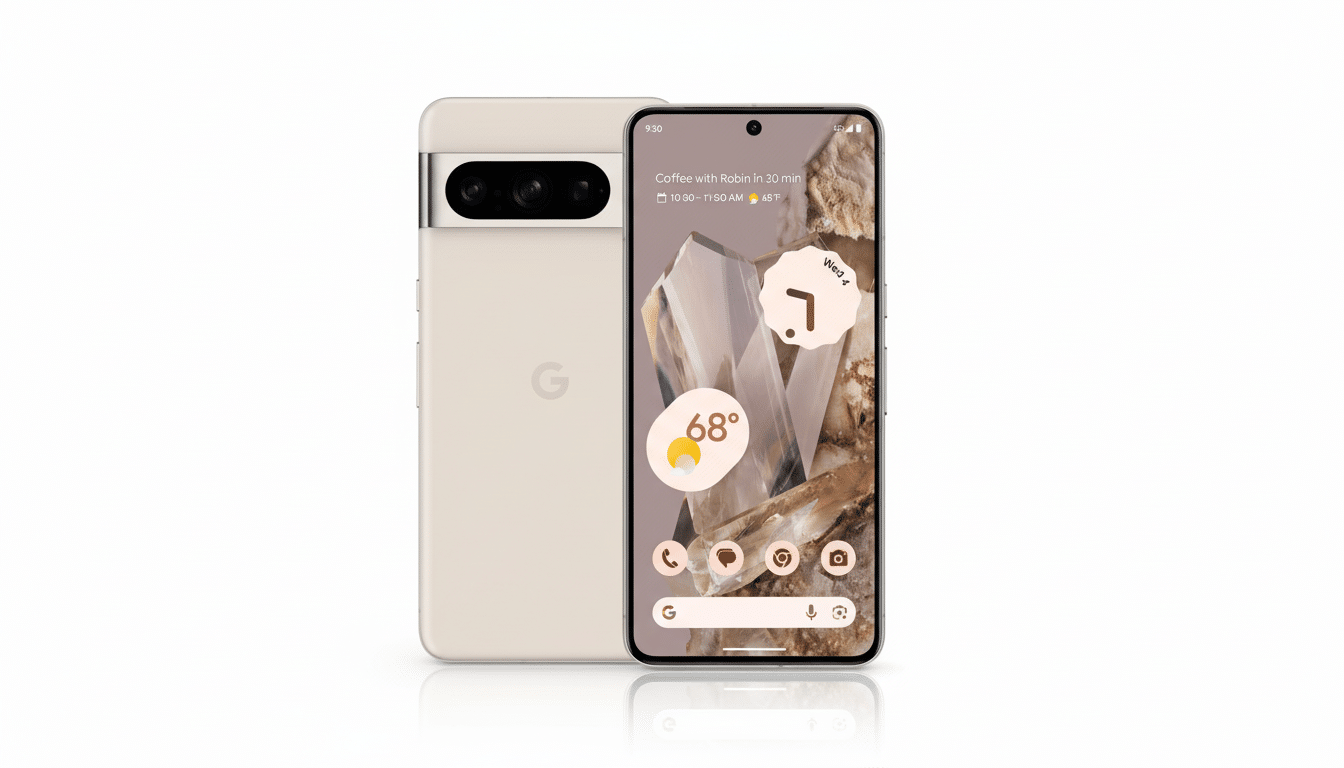 A Google Pixel 7 Pro smartphone in a light beige color, shown from the front and back, against a clean white background with a subtle reflection.