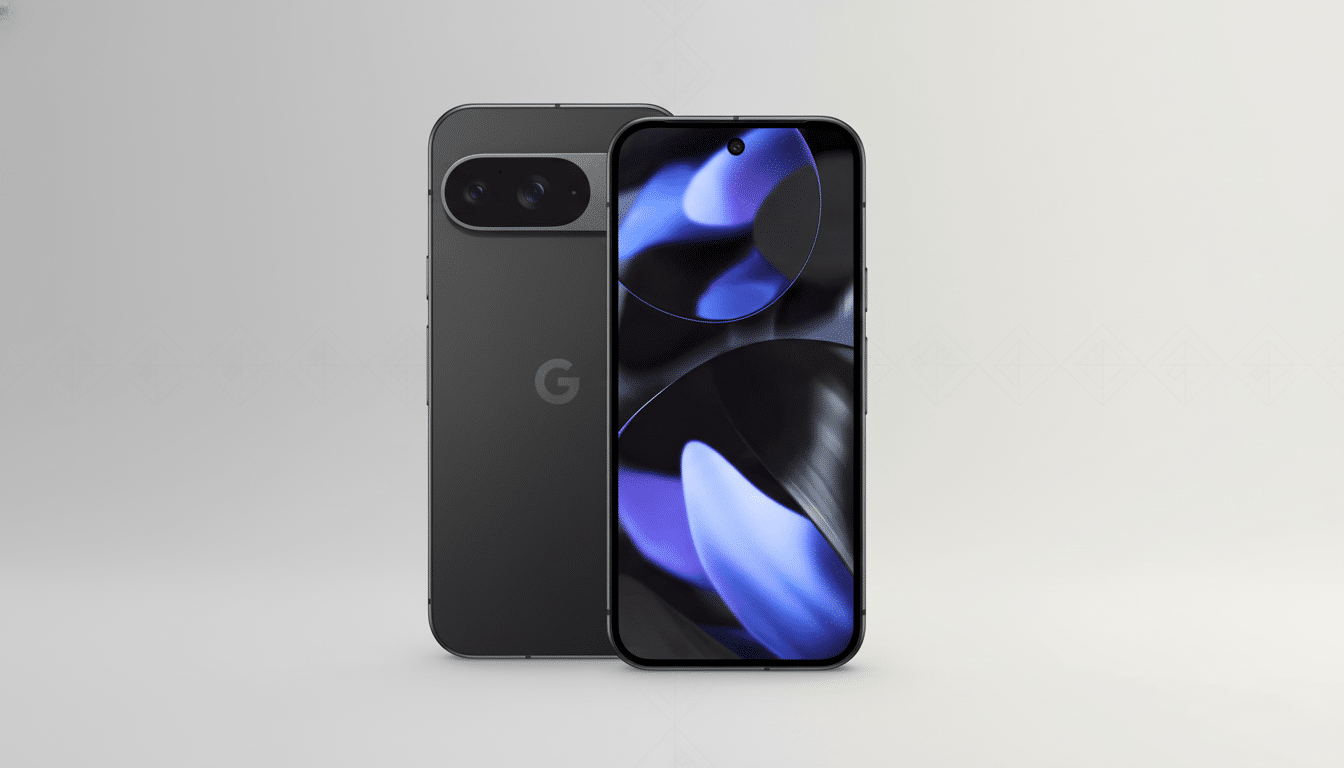 A dark gray smartphone with a camera bar on the back and a screen displaying abstract blue and black shapes, presented on a light gray background with subtle geometric patterns.