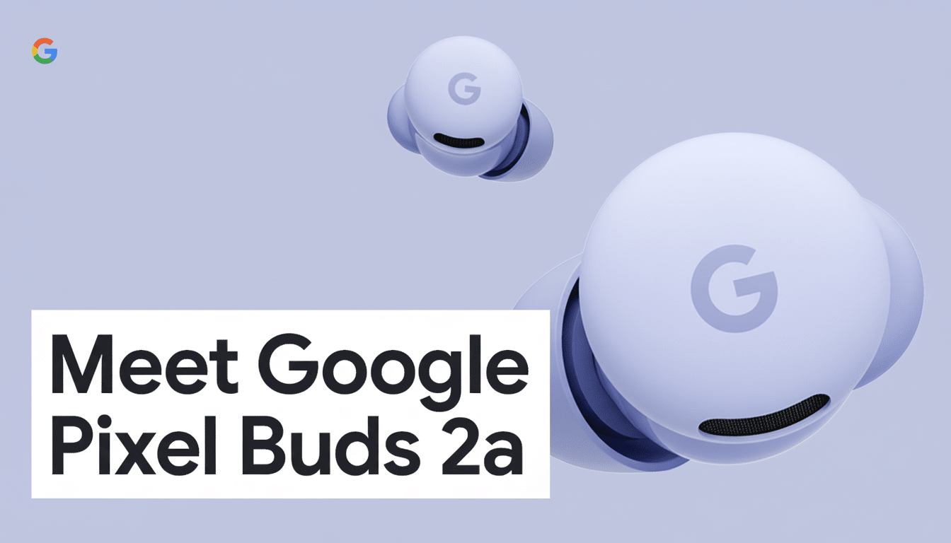 A 16:9 aspect ratio image featuring two Google Pixel Buds 2a in a light purple color against a matching light purple background. The text Meet Google Pixel Buds 2a is prominently displayed in a white box in the lower-left corner. The Google G logo is in the upper-left corner.