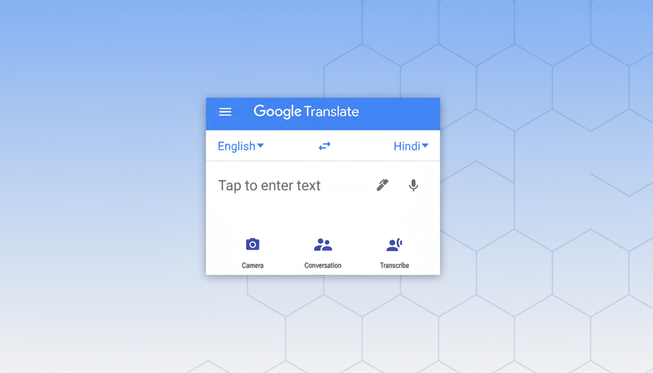 A professionally enhanced image of the Google Translate app interface, resized to a 16:9 aspect ratio. The app is centered on a light blue background with a subtle hexagonal pattern. The app displays options for English and Hindi translation, a text input field, and icons for Camera, Conversation, and Transcribe.