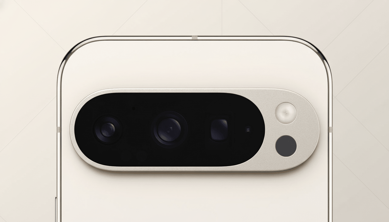 A close-up, professional shot of the camera bar on the back of a light-colored smartphone, set against a subtle, light-patterned background.