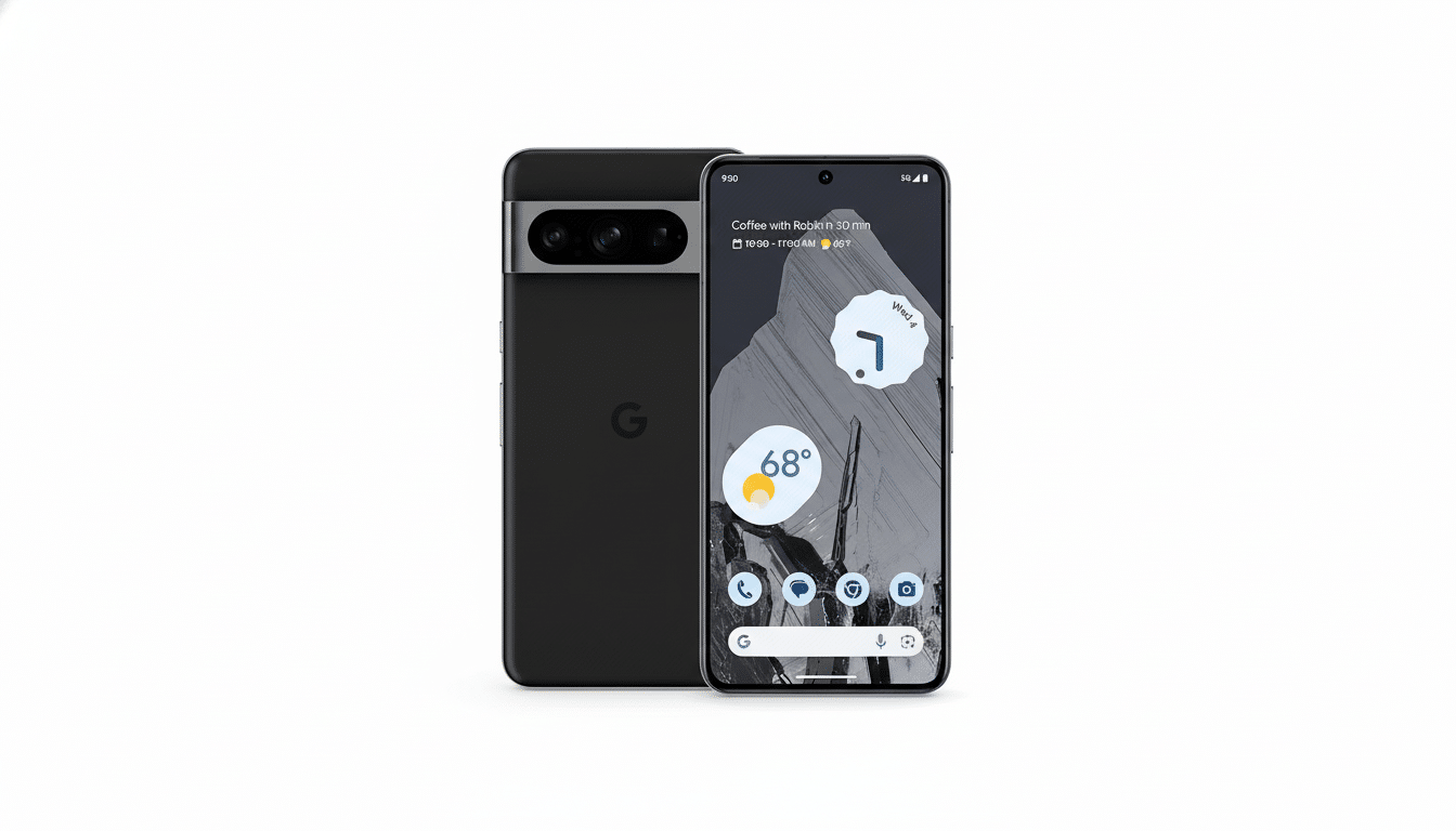 A black Google Pixel 7 Pro smartphone is displayed in a 16:9 aspect ratio. The phone is shown from the front and back, with the front screen displaying the home screen with app icons, weather, and a calendar notification. The background is a clean, professional white.