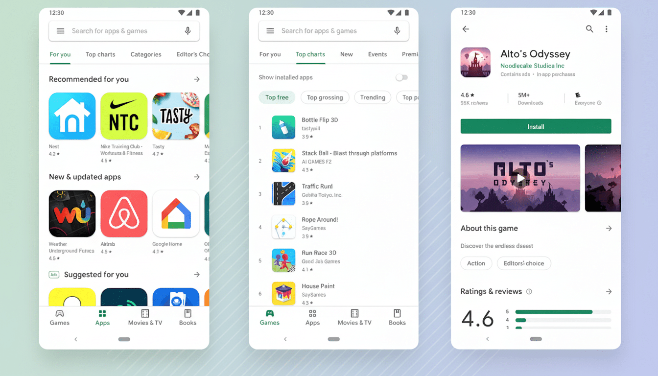 A 16:9 aspect ratio image showing three mobile phone screens displaying the Google Play Store interface. The left screen shows recommended apps, the middle screen shows top charts, and the right screen displays the app page for Altos Odyssey. The background is a soft gradient.