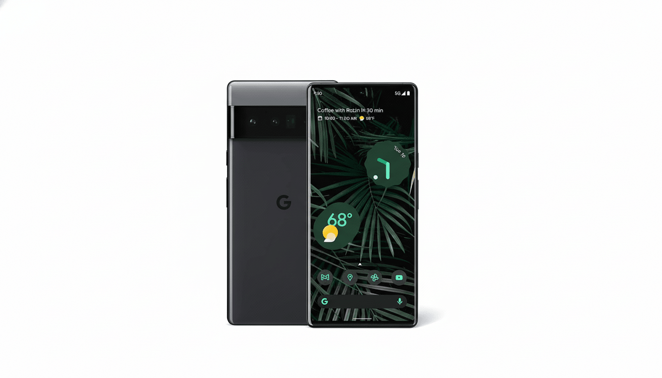 A Google Pixel 6 Pro smartphone in a 16:9 aspect ratio, with a clean white background. The front of the phone displays a dark wallpaper with green leaves and various app icons, while the back of the phone is visible behind it.