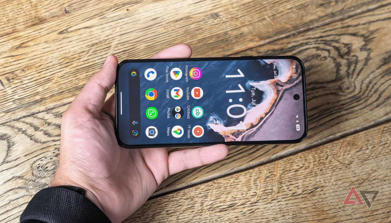 A hand holding a smartphone with various app icons displayed on the screen, set against a wooden table background.